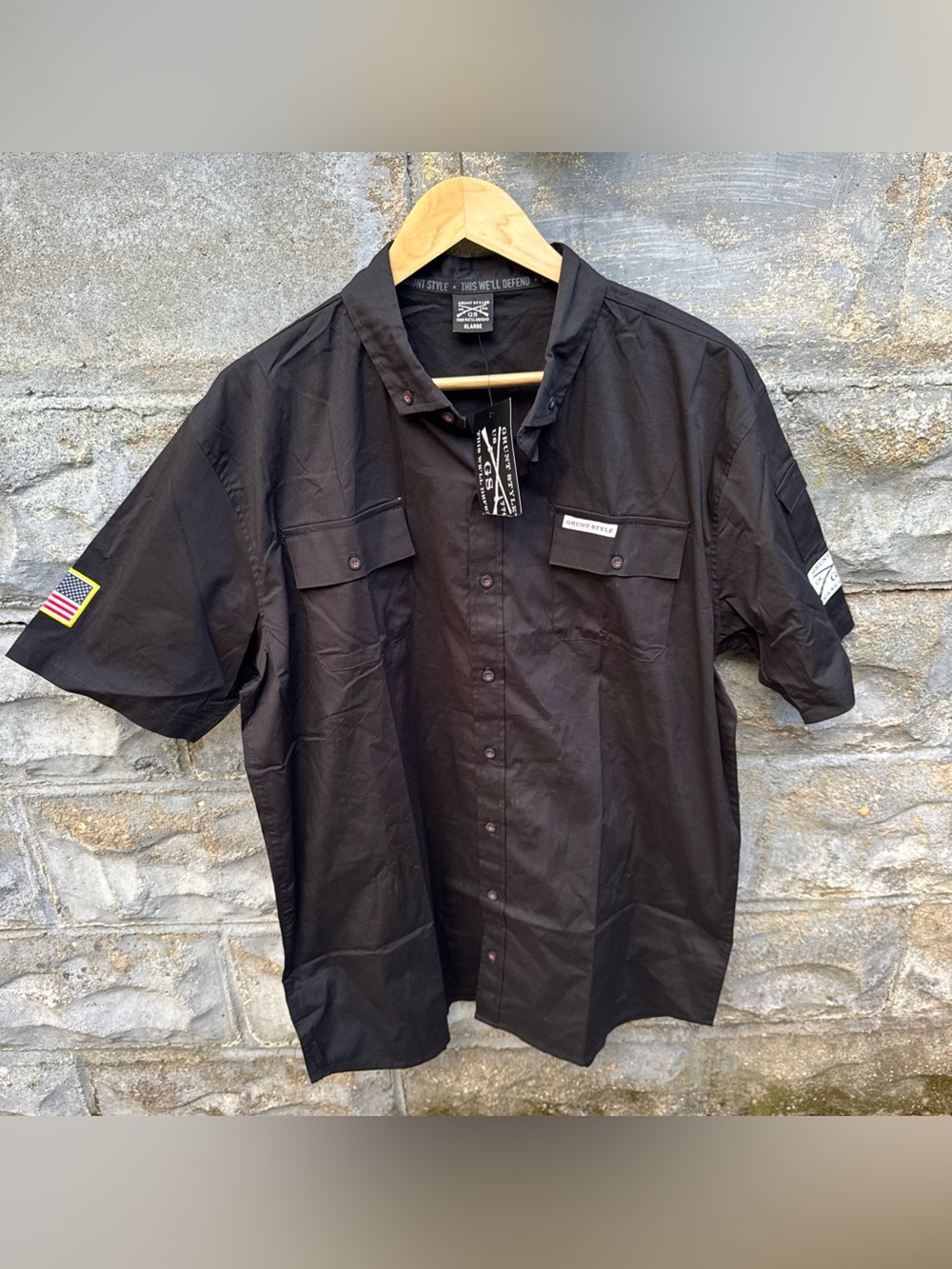 Grunt Style Button Down Shirt Mens Sz XL Garage Flag Patch Military Black New